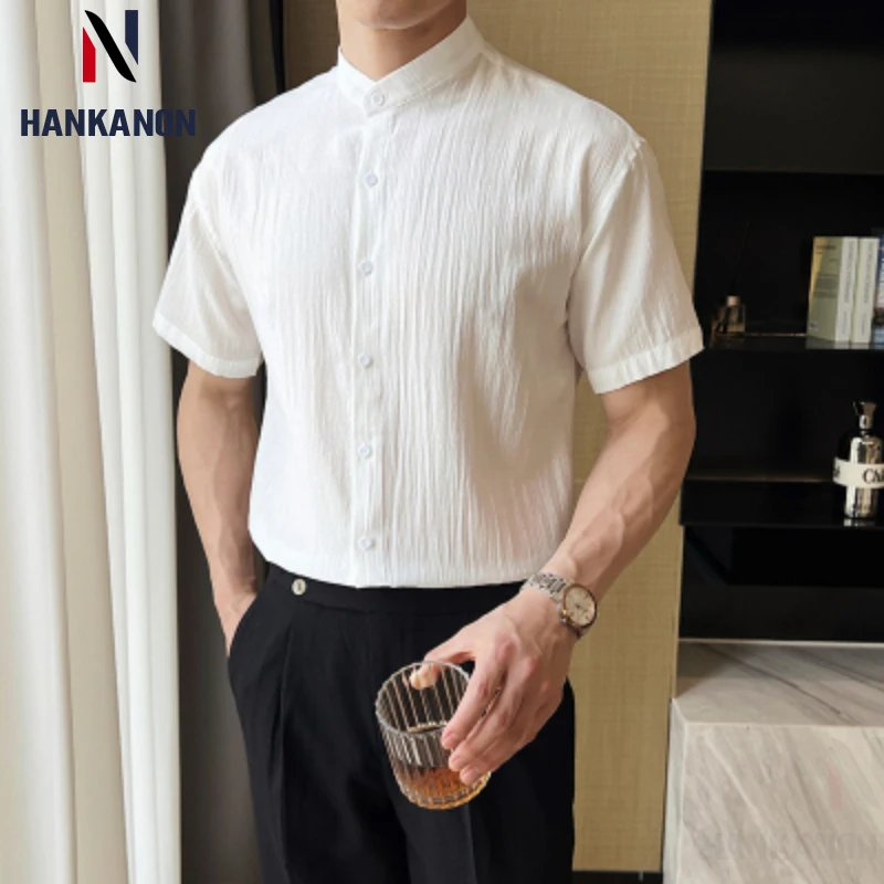 

Men's Solid Color Seven-point Sleeve Striped Shirt for Summer, Stand-up Collar Men's Casual Slim Fit Short-sleeved Shirt.M-3XL