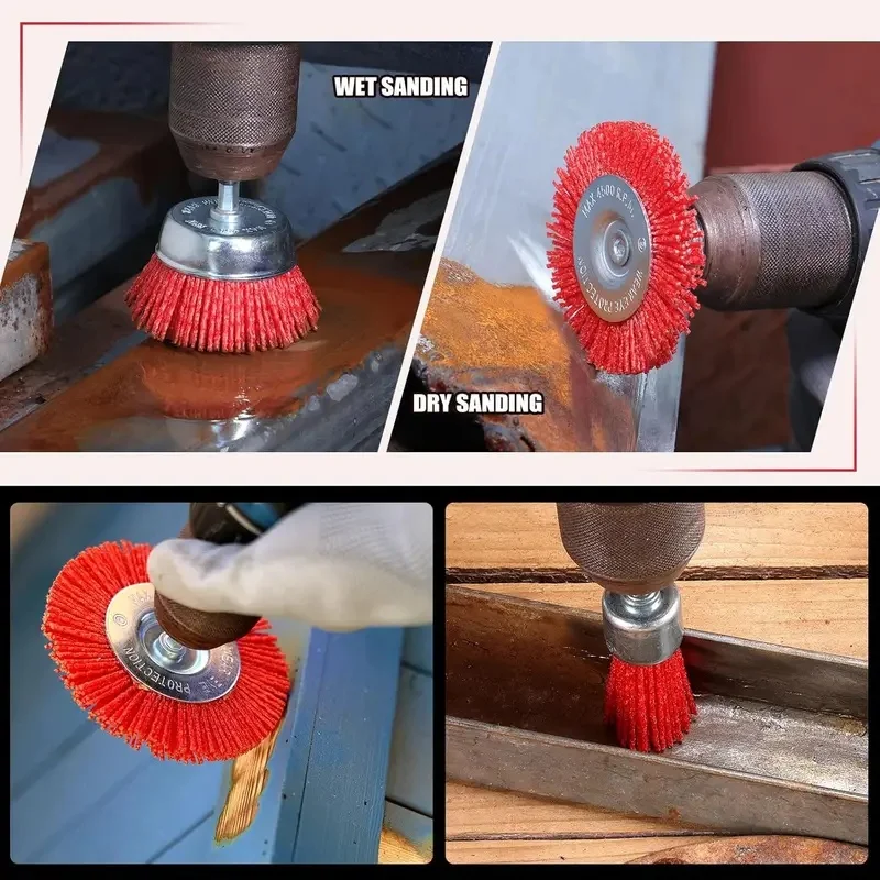 Nylon Abrasive Brush Set for Drill 6 Pack, 1/4 Inch Hex Shank, 3 Inch 2.6InchRedCoarsBristleBrushesforPaintCorrosionRustRemoval