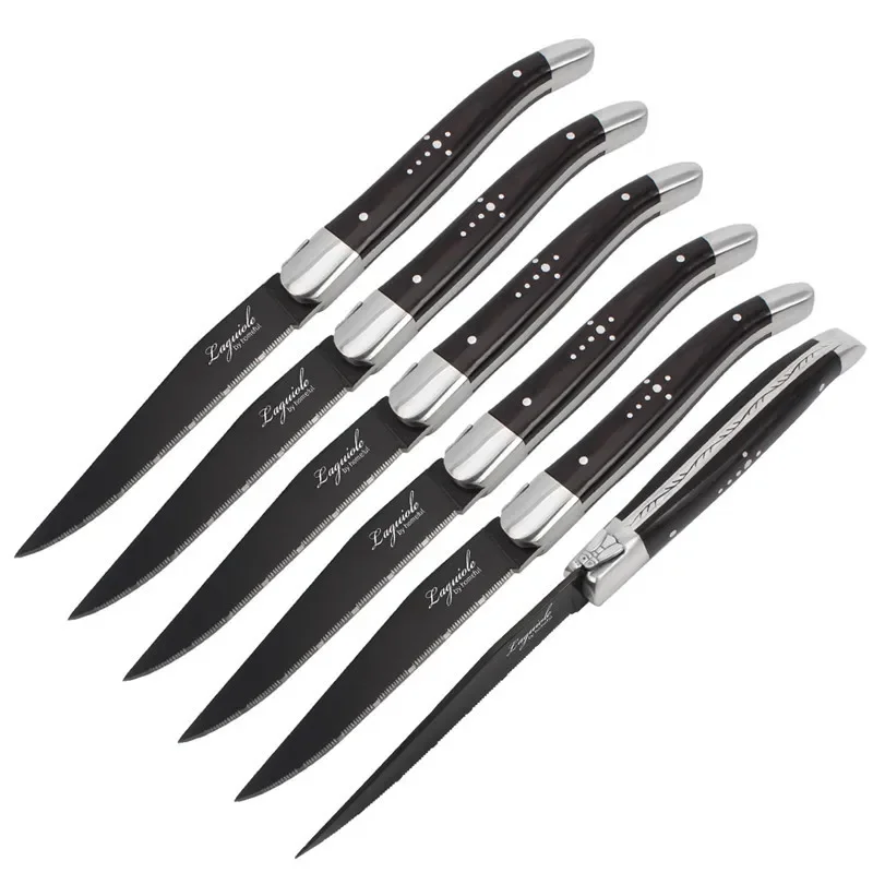 2/6/10Pcs Laguiole Steak Knife Set Stainless Steel Black-Colored Wood Polished Handles Double Steel Head Cross Nail Steak Knives