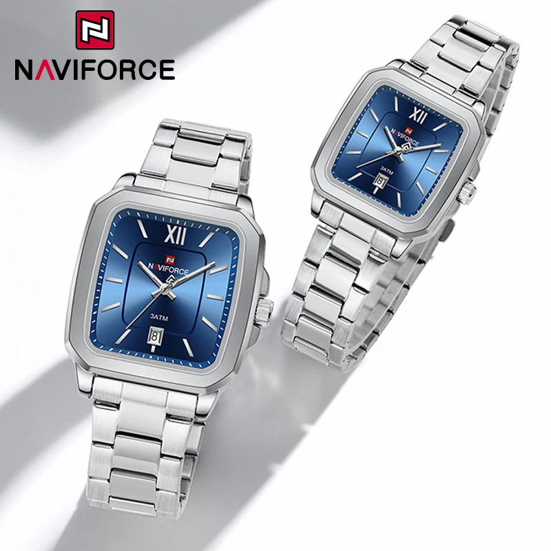 NAVIFORCE reloj deportivo informal para amantes, banda de acero inoxidable, ventana de visualización de fecha, reloj de pulsera para pareja, reloj cuadrado de cuarzo resistente al agua