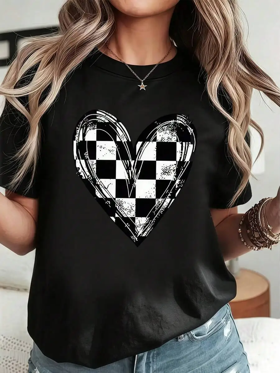 Coquette‑Vibe Women Short‑Sleeve T‑Shirt Crew Neck Checkered Heart Pattern Print Black Summer Daily Wear Tops