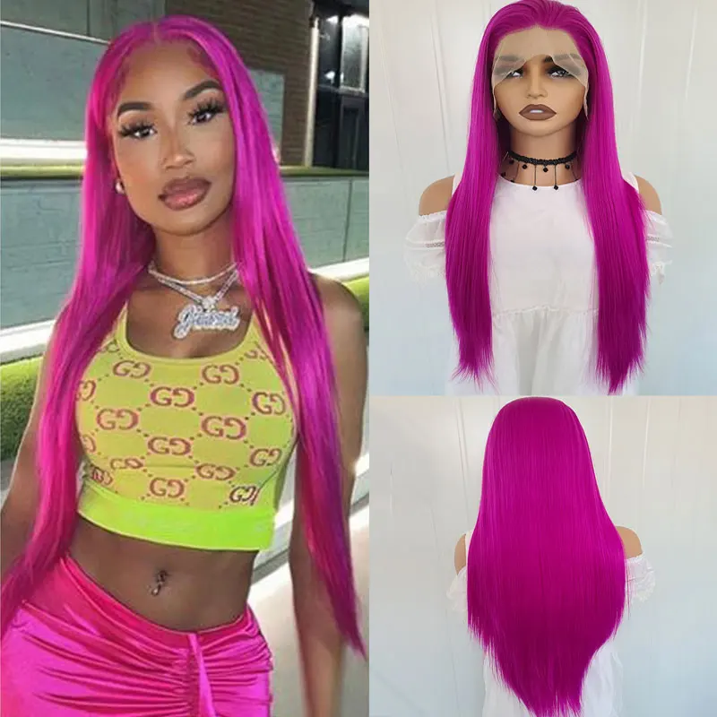 Rose Purple Straight Synthetic 13x4 Lace Front Wigs Glueless High Quality Heat Resistant Fiber Hair For Fashion Women Wear Wigs