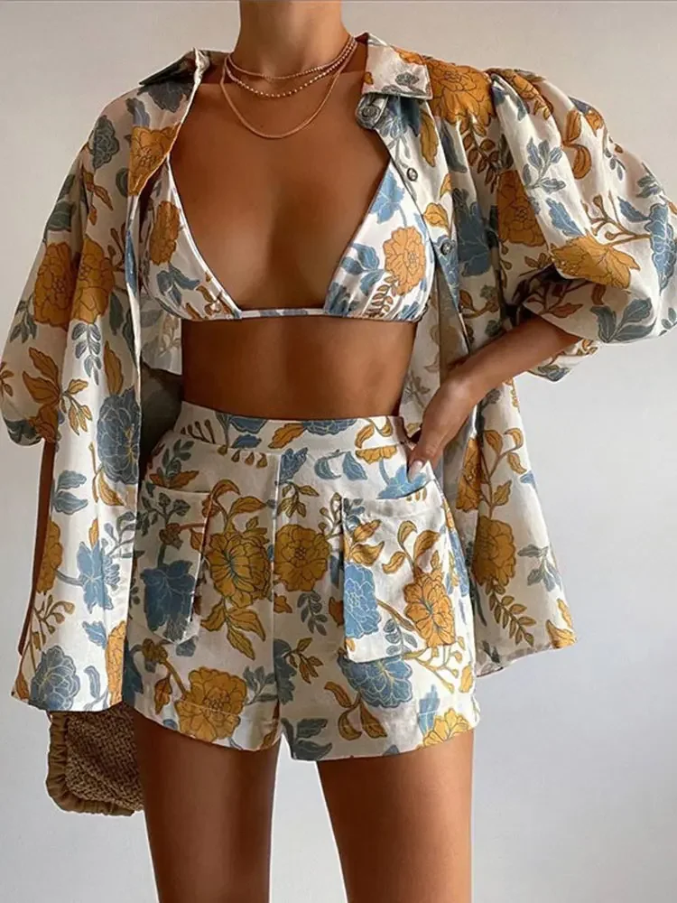 Fashion Printed Women Three Piece Outfits Loose Short Sleeved Shirt With Shorts Suit 2023 Summer Casual Streetwear Short Sets