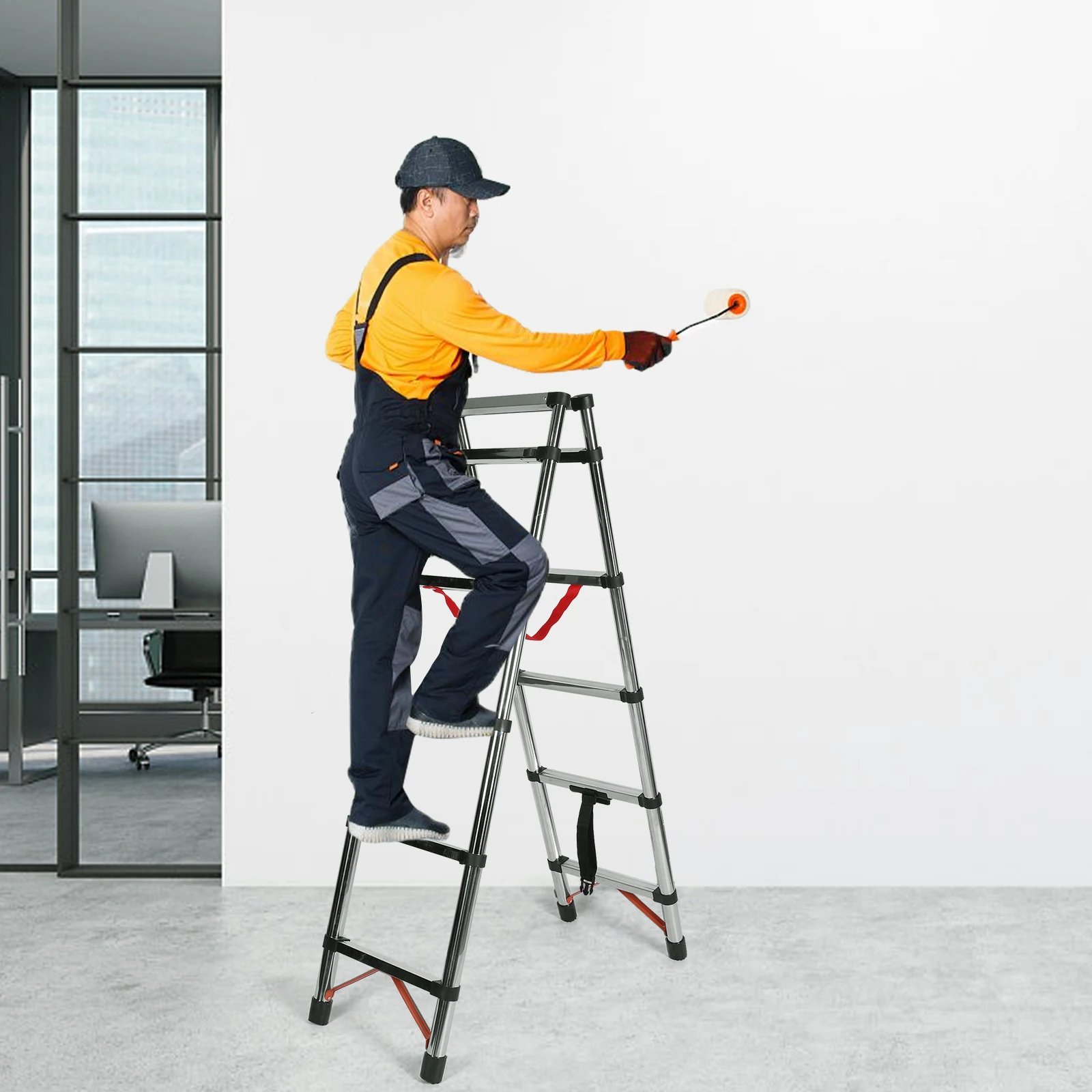 5 Step Telescopic Ladder Folding Step Stool Anti-Slip Pedals Heavy-Duty Steel Ladder Collapsible Ladder for Home RV Outdoor