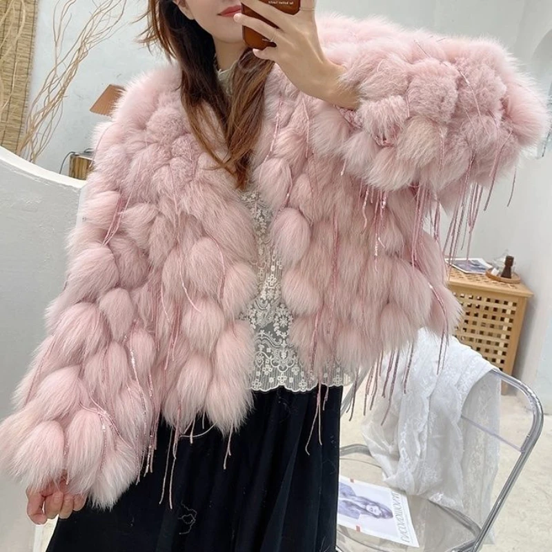 Luxury Fall Winter 3D Hairball Faux Fox Fur Sequined Fringed Jacket Fur Faux Mink Fur Tassels Coat Furry Flocking Cardigan Tops