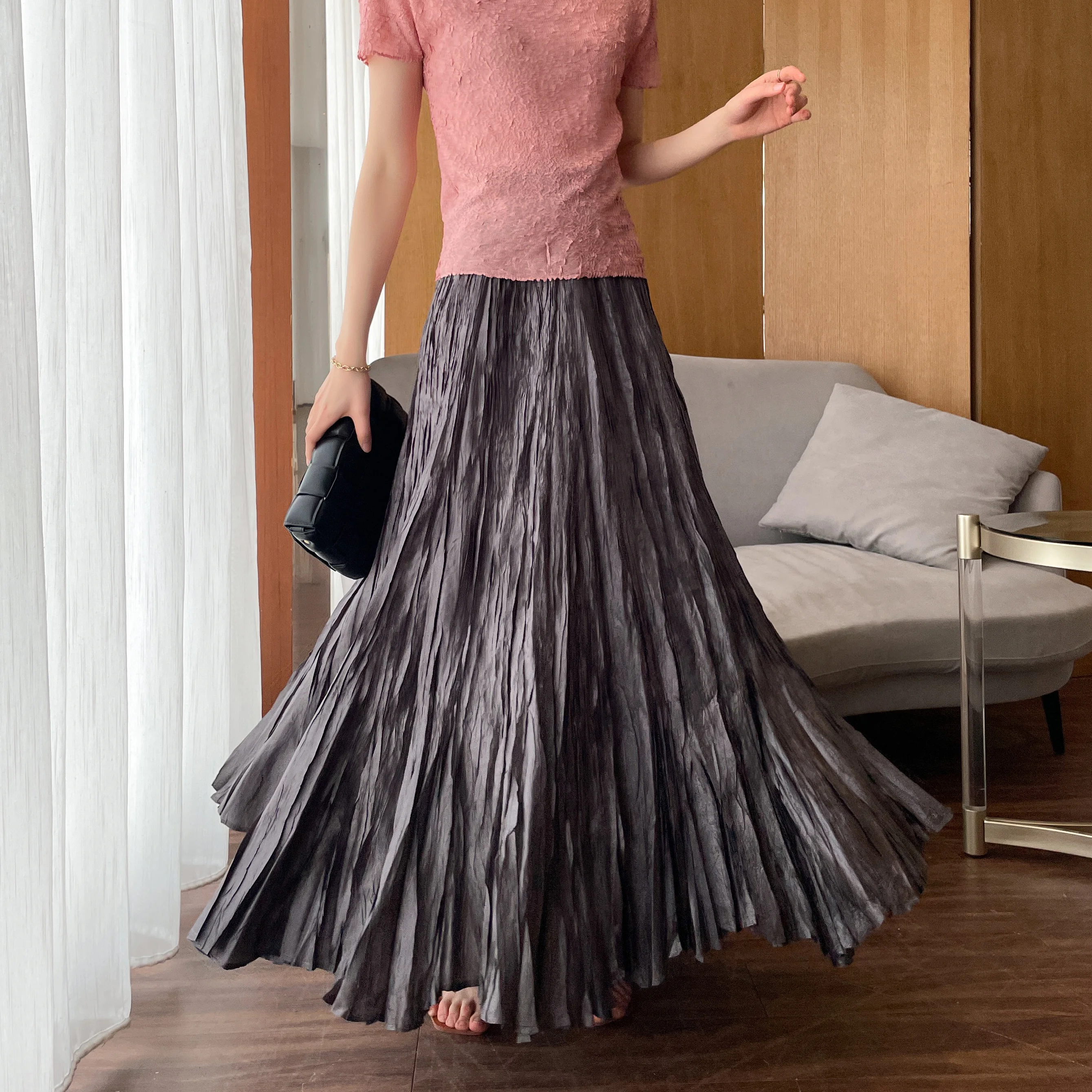 Counter quality Miyake pleated high-waist skirt pure color temperament commuting versatile half pleated skirt literary fan skirt