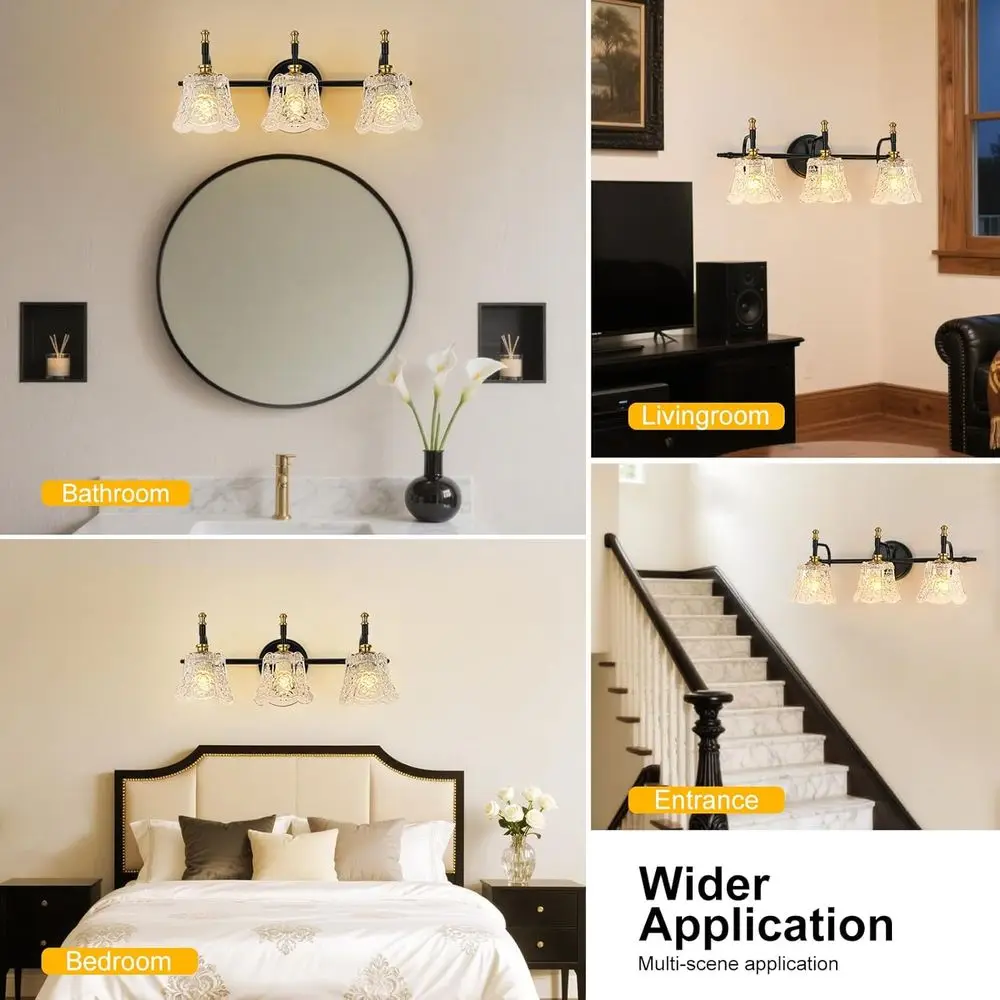 3 شمعدان حائط ذهبي مصقول مع غطاء زهرة زجاجي أبيض لإضاءة الحمام باللونين الأسود والذهبي #6