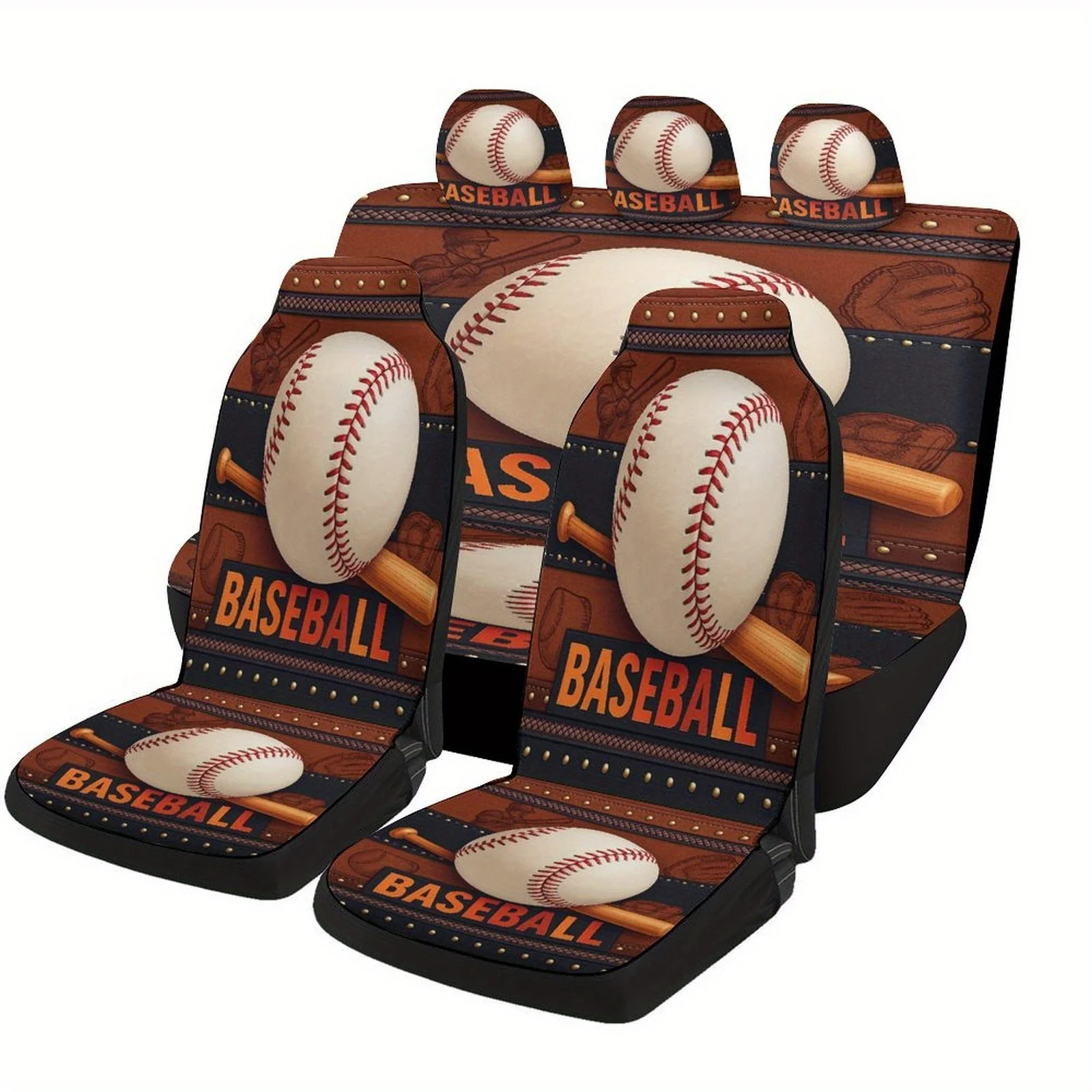 Baseball Icon Themed Car Seat Cover Set For Most Cars, Decorative Trendy High-quality Car Seat Protector Covers Full Set, Univer