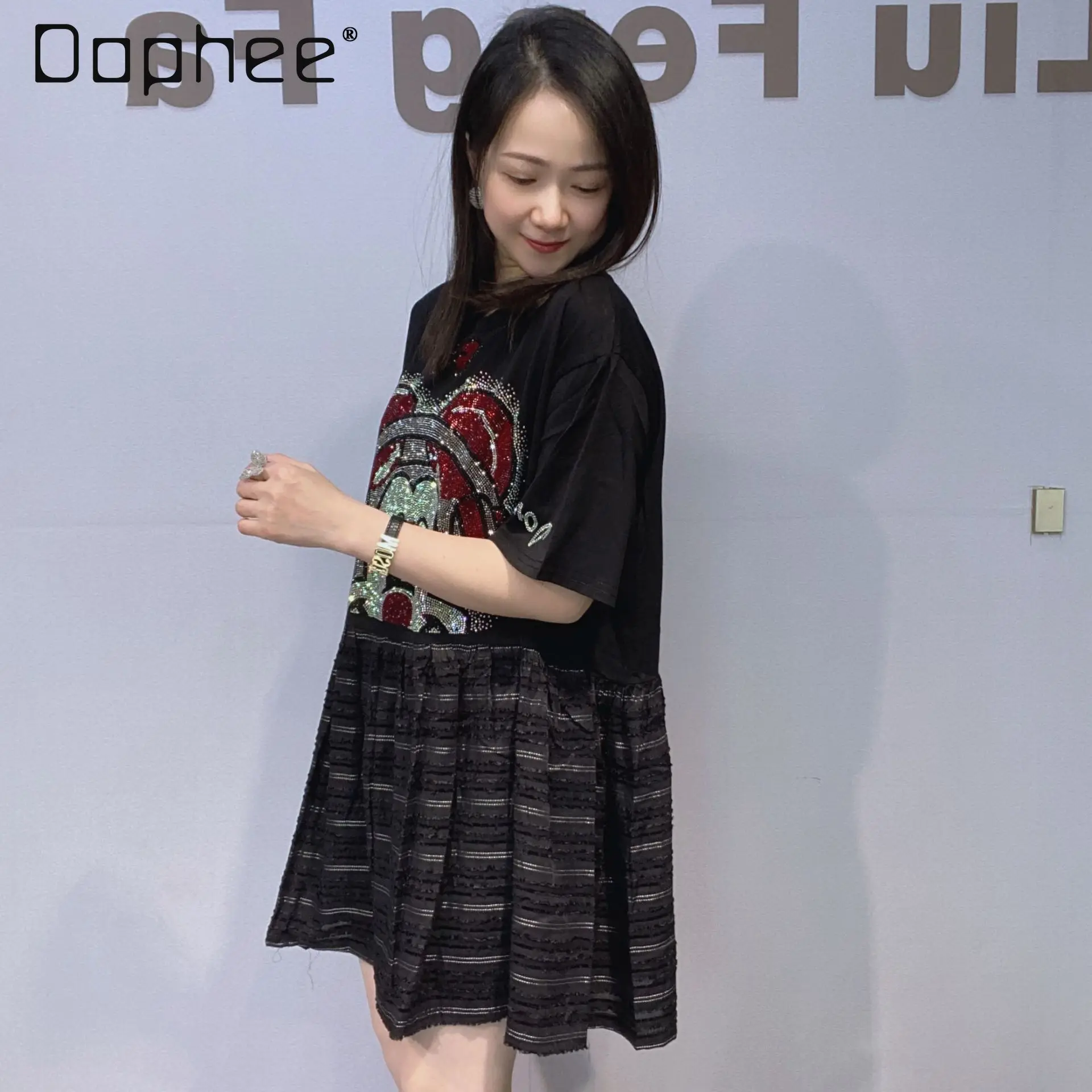 

Heavy Industry Hotfix Rhinestone Black Short Sleeve T-shirt Women's Summer Loose Top Striped Stitching Crew Neck Cartoon Top