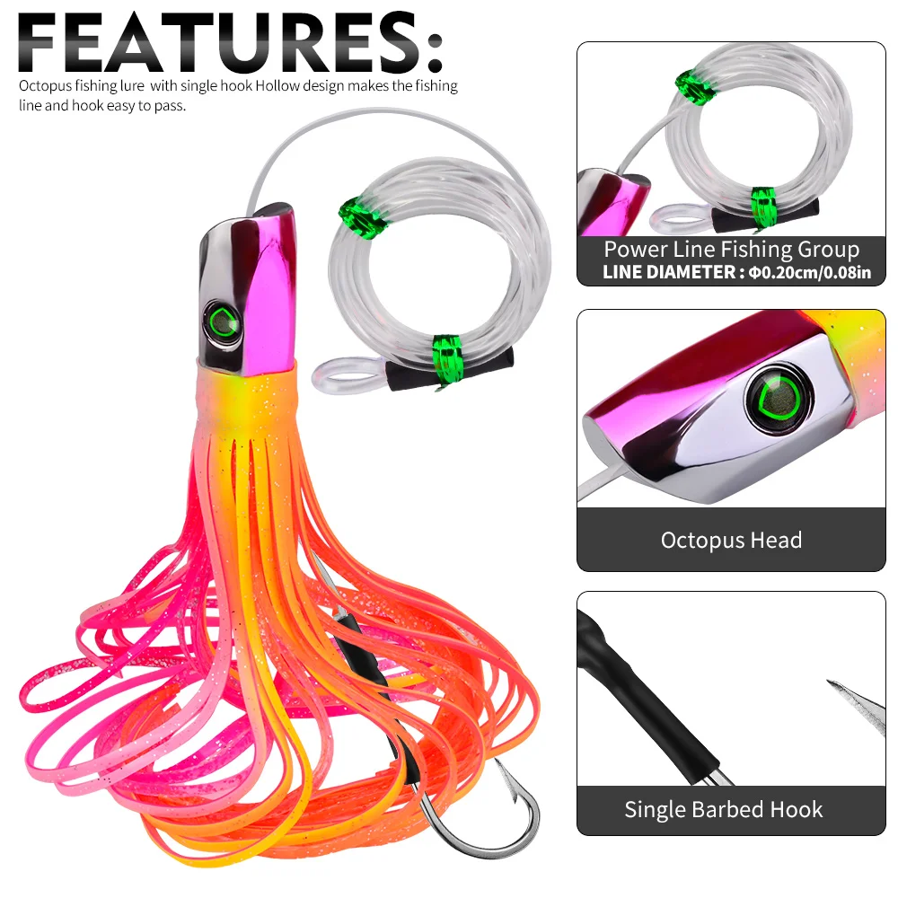 PROBEROS 1pc 85g102g 119g Resin Head Octopus Soft Skirt Lure Deep Sea Boat Fishing Big Trolling Bait for Tuna Wahoo Fast Sinking view 4