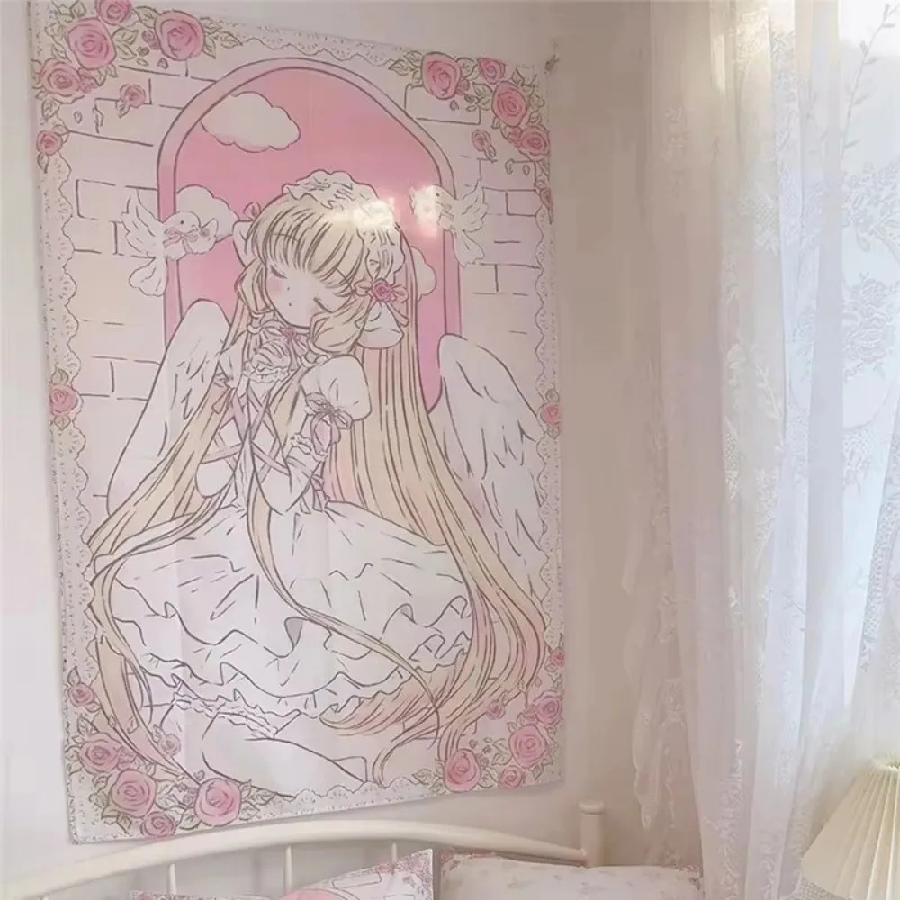 VIKAMA Healing Angel Tapestry, Blonde Girl Aesthetic Wall Decor, Lace Wings and Pink-White Roses, Nursery Bedroom Decor
