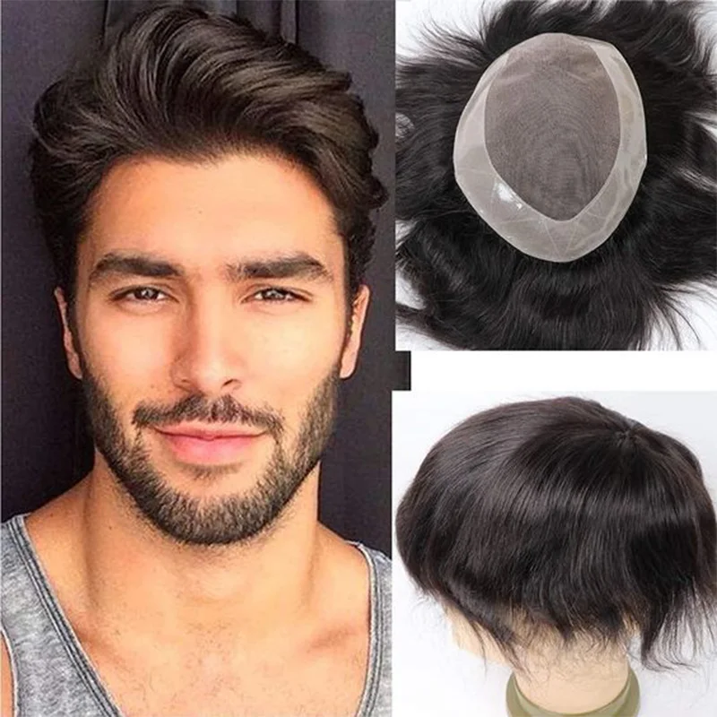 Toupee de cabelo humano mono para homem, substituição de cabelo respirável, prótese natural de onda reta, Pu e Npu, marrom e preto durável