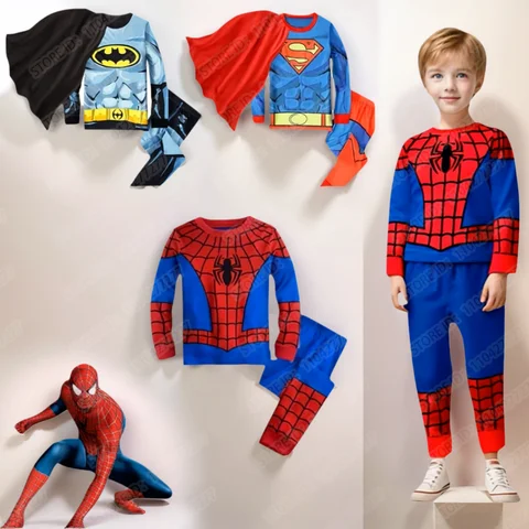 Superhero Spiderman Boys Girls Pyjamas Set for Toddlers Cartoon Long Sleeve Sleepwear Christmas Hero Cosplay Pajamas Homewear