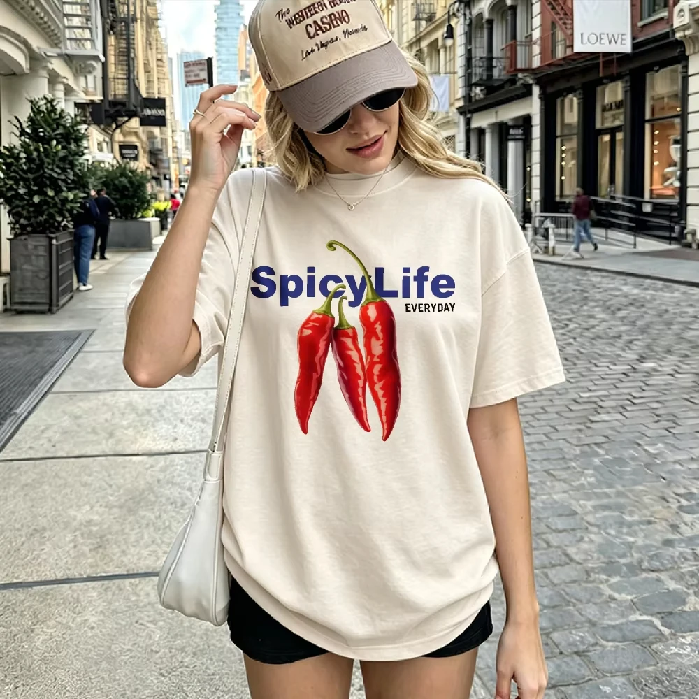 Funny Spicy Life Chili Pepper Graphic Cotton Tee Oversized Crewneck Casual Everyday Outfit T-Shirt Aesthetic Kitchen Hum Tops