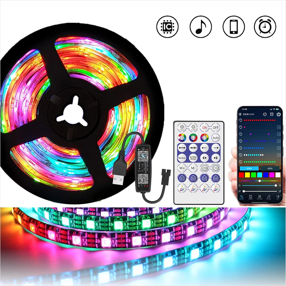 

DC5V WS2812B LED Strip USB Controller SET with WiFi Bluetooth Music Dream Color Individually Addressable 30/60/74/96/144LED PCB
