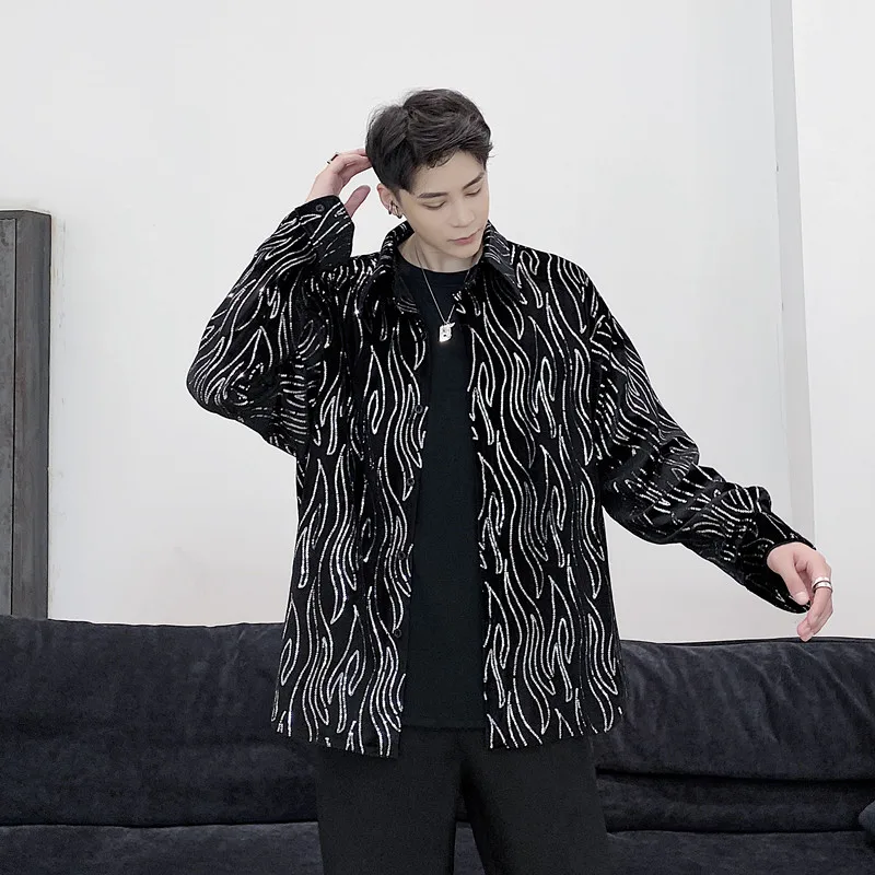 2025 New Shirt Men Trendy Men Dance Performance Shirt Man Loose Velvet Sequin Stage Casual Fashion Star Shirt