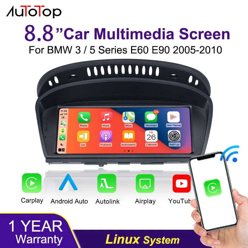 AUTOTOP 8.8 Inch Linux Touch Screen Car Multimedia Display For BMW 3 Series E90 E91 E92 E93 5 Series E60 E61 E63 E64 2005-2012 With Wireless Carplay Android Auto Airplay Autolink Youtube