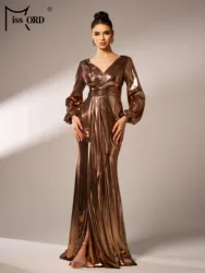 Missord Lightbrown V Neck Lantern Sleeves Split Evening Gown Wedding Birthday Party Formal Occasion Cocktail Prom Maxi Dresses