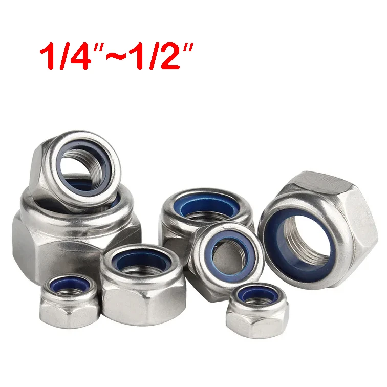 American Self-locking Hex Nut 8# 10# 1/4 5/16 3/8 1/2 Stainless Steel Nylon-Insert Locknuts Locknut Slip Lock Nuts
