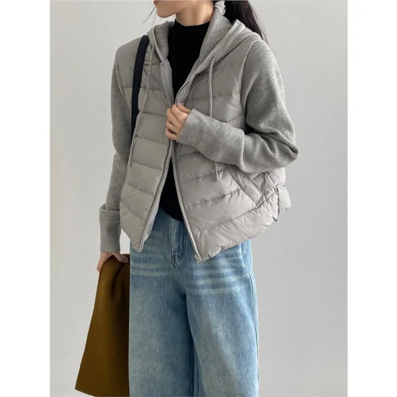 

Johnature Women Winter Hooded Down Jacket Knit Panels Faux Two-Piece Design 90% White Duck Down Simple Casual Coats