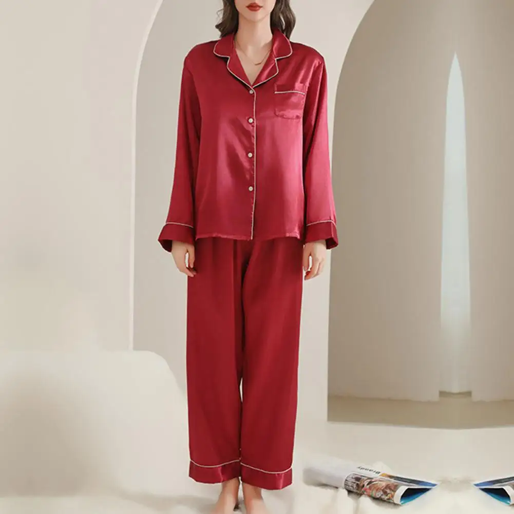 Pajama Shirt Pants Set Luxurious Imitation Silk Pajamas Set with Single-breasted Cardigan Shirt Wide Leg Trousers for Women