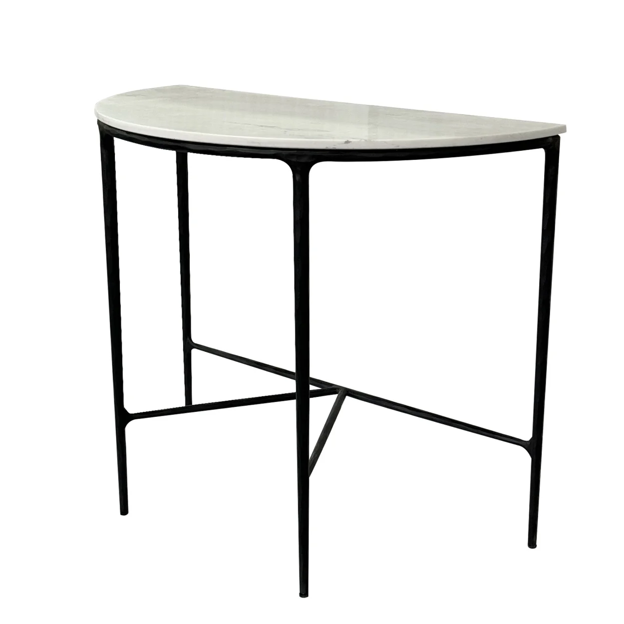 # Simple Living Room Table Natural Marble Top Solid Forged Black Metal Leg Demilune Console Table