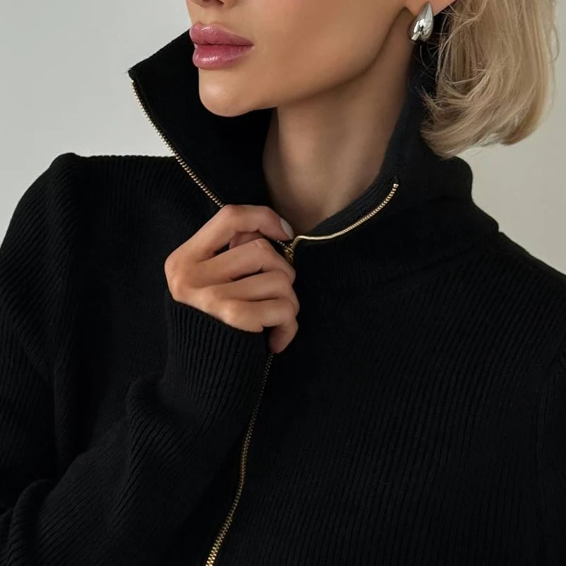 女性ハーフジッパートップニットハイカラーセーター厚く暖かい長袖ジャンパーカジュアルシンプルな無地オーバーサイズプルオーバー