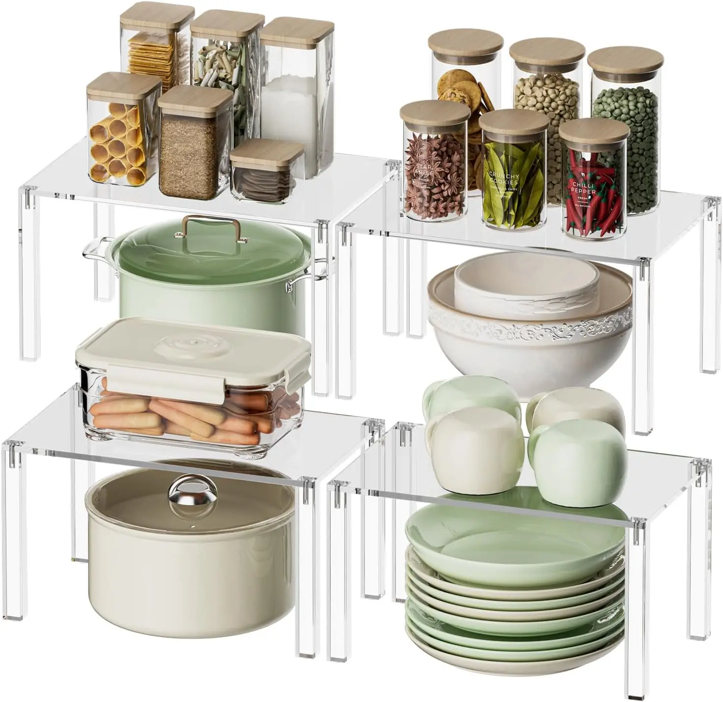 

Clear Cabinet Organizer: Acrylic Shelf Riser Set of 4 for Kitchen Pantry Organizers and Storage - Countertop Spice Rack