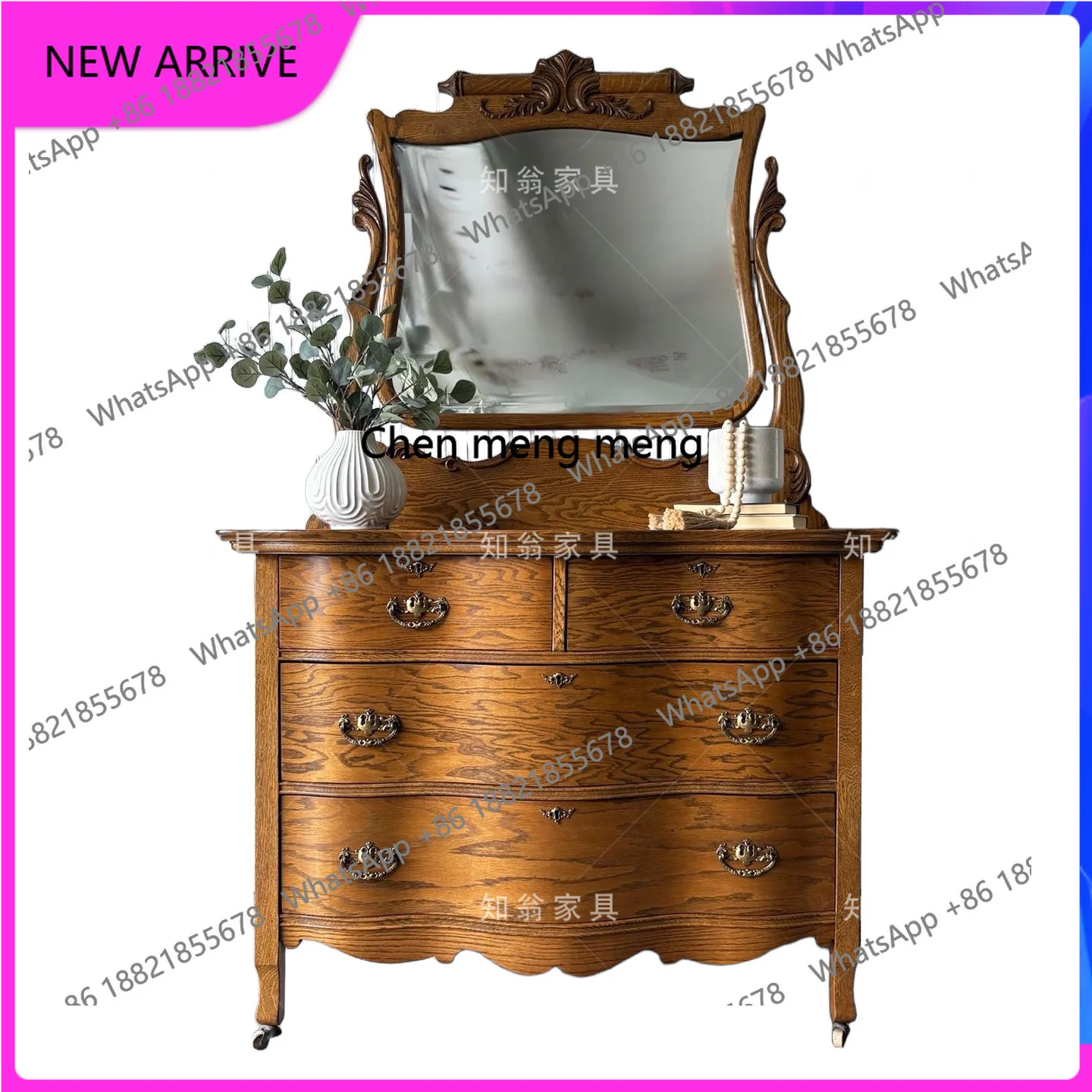 프랑스 레트로 원목 화장대 물푸레나무 화장대 침실용 화장 거울 수납장 H