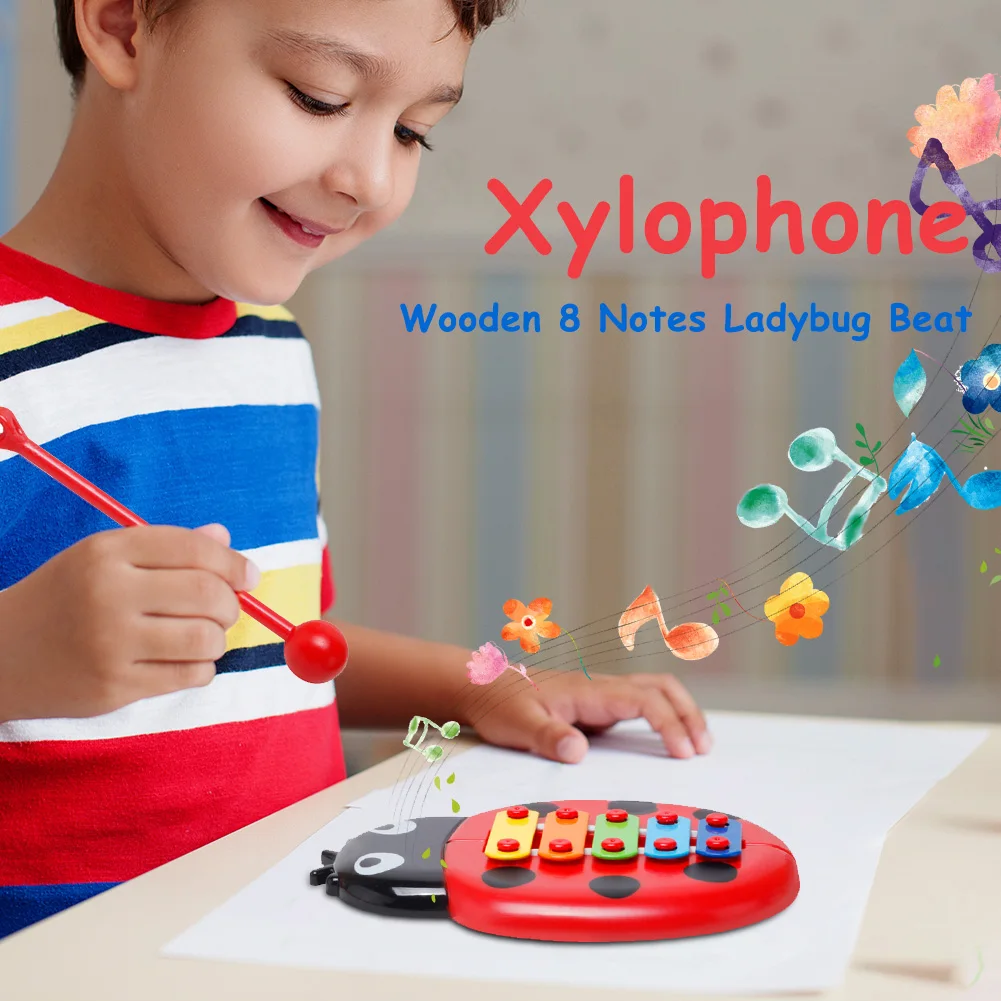 Ladybug Glockenspiel Xylophone 8 Notes Percussion Musical Instrument with Mallet Educational Musical Toy for Kids and Toddlers