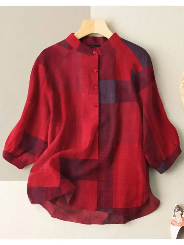 

Fashion Women Plaid Blouse Vintage Oversized Shirts Spring Autumn 3/4 Sleeve Tops Casual Loose Button Up Blusa Femme