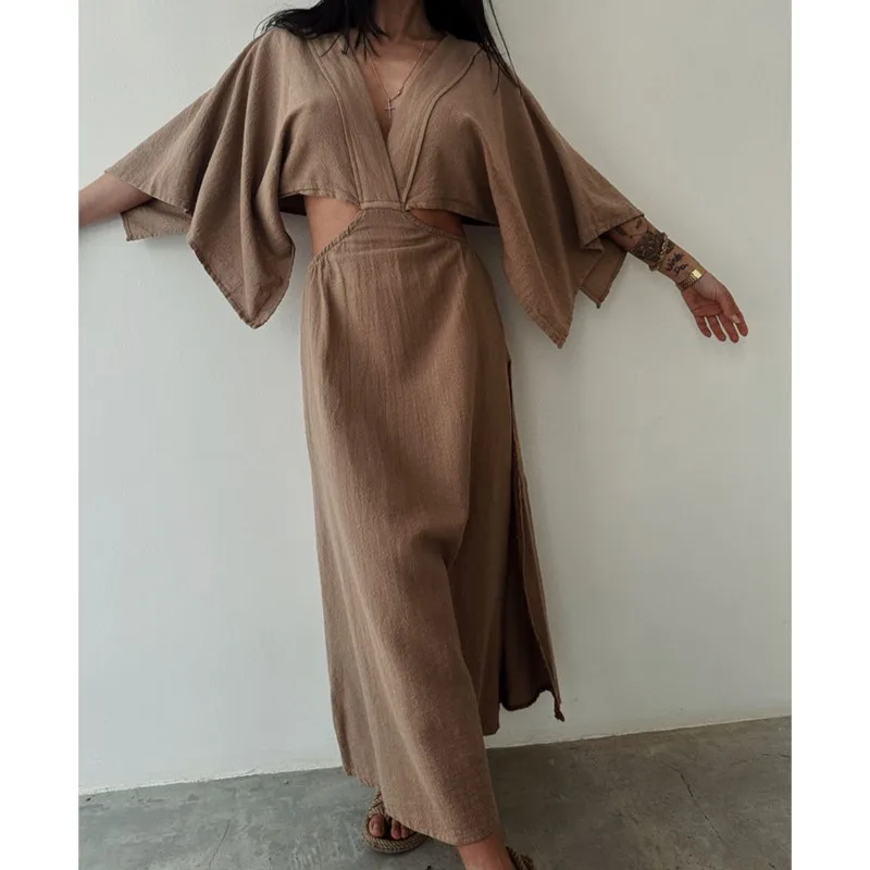 

Summer Chic Half Sleeve Solid Slit Dresses Fashion Women Simple Style Long Dress Sexy Elegant V-neck Waist Hollow Party Dress