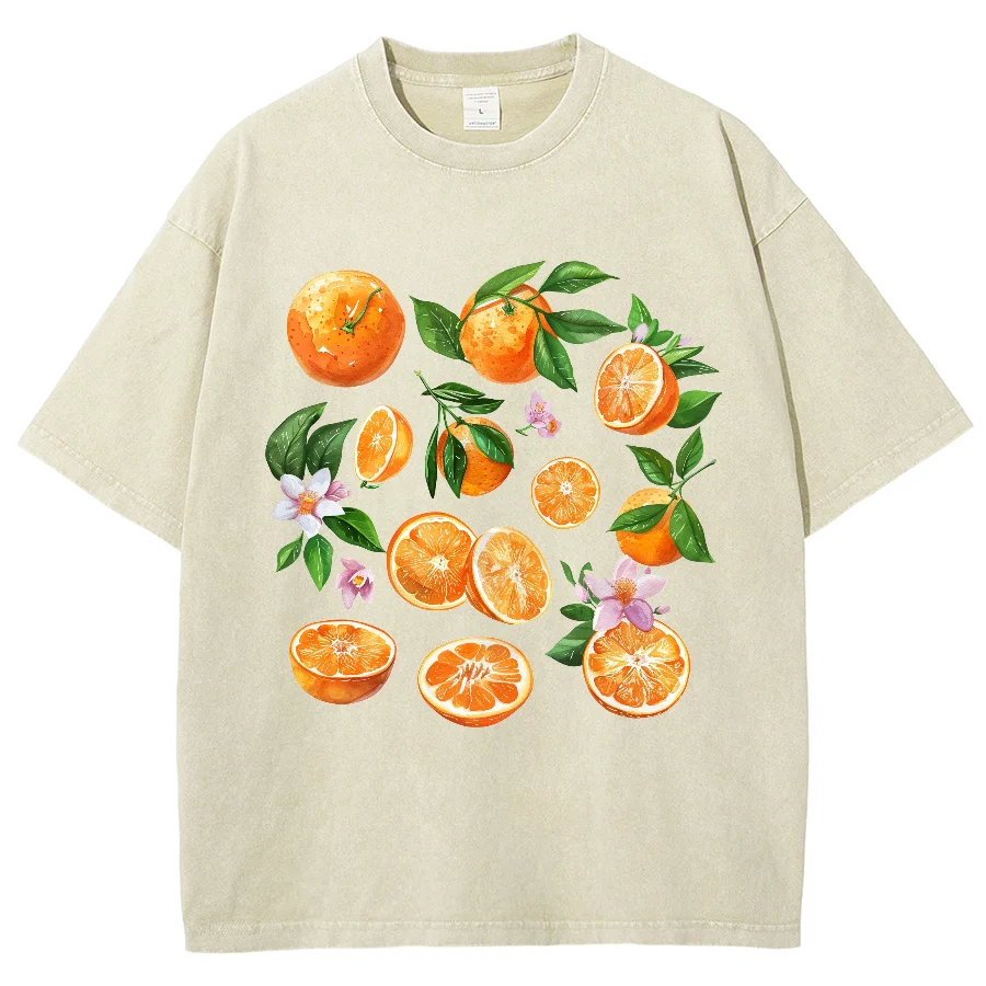 T-shirt Orange Fruit Printing Water Washed Fabric  for Men Women Summer Relaxed Short Sleeve Couple Wear Harajuku Top Tee