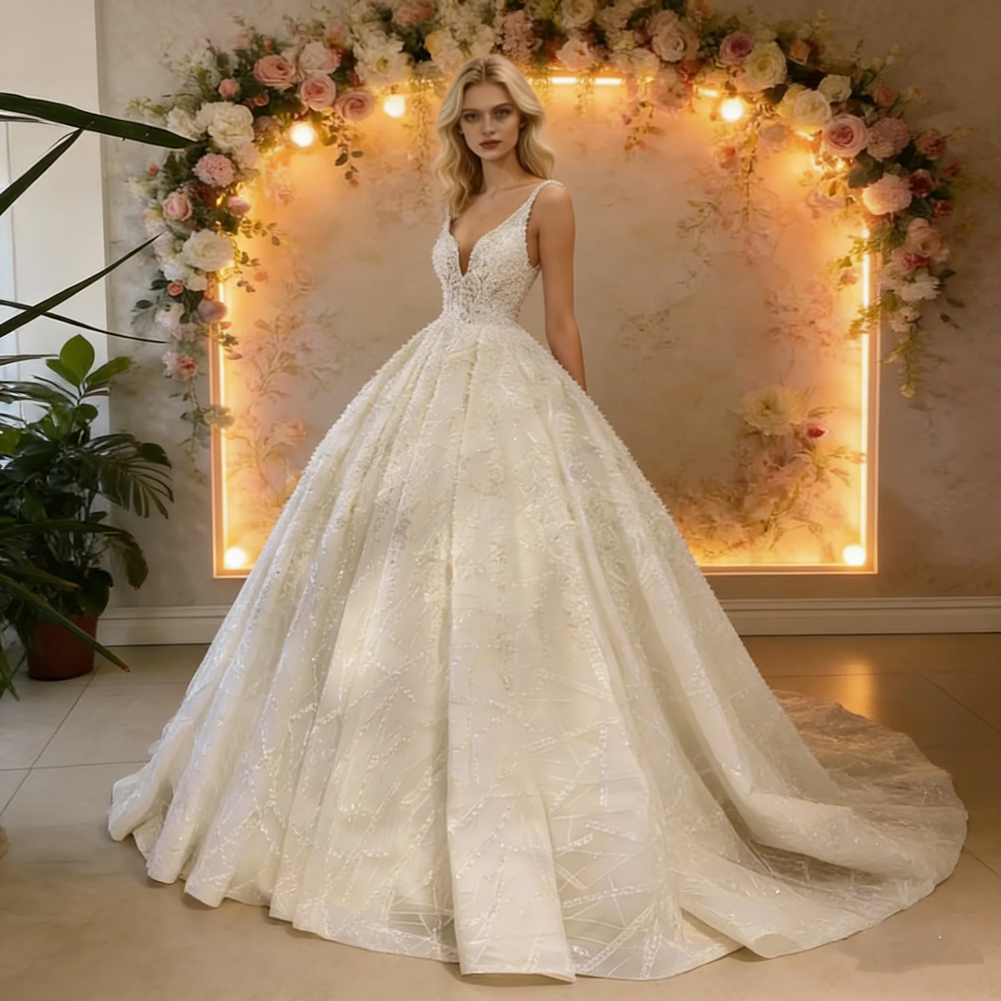 

Luxury Ball Gown Wedding Dress with Spaghetti Straps Deep V Neckline Beaded Sequin Appliques Customizable Bridal Gown