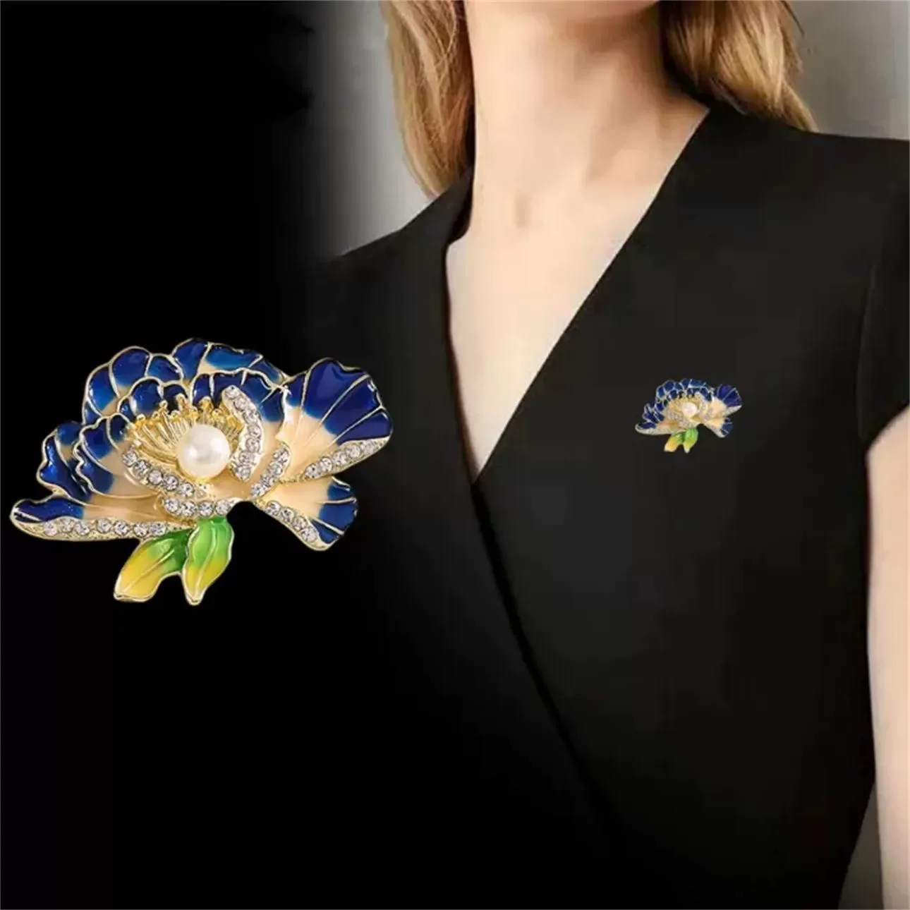 Blue Enamel Oil Petal Camellia Flwoer Brooches for Women Elegant Imitation Pearl Rhinestones Brooch Pins Fashion Party Jewelry