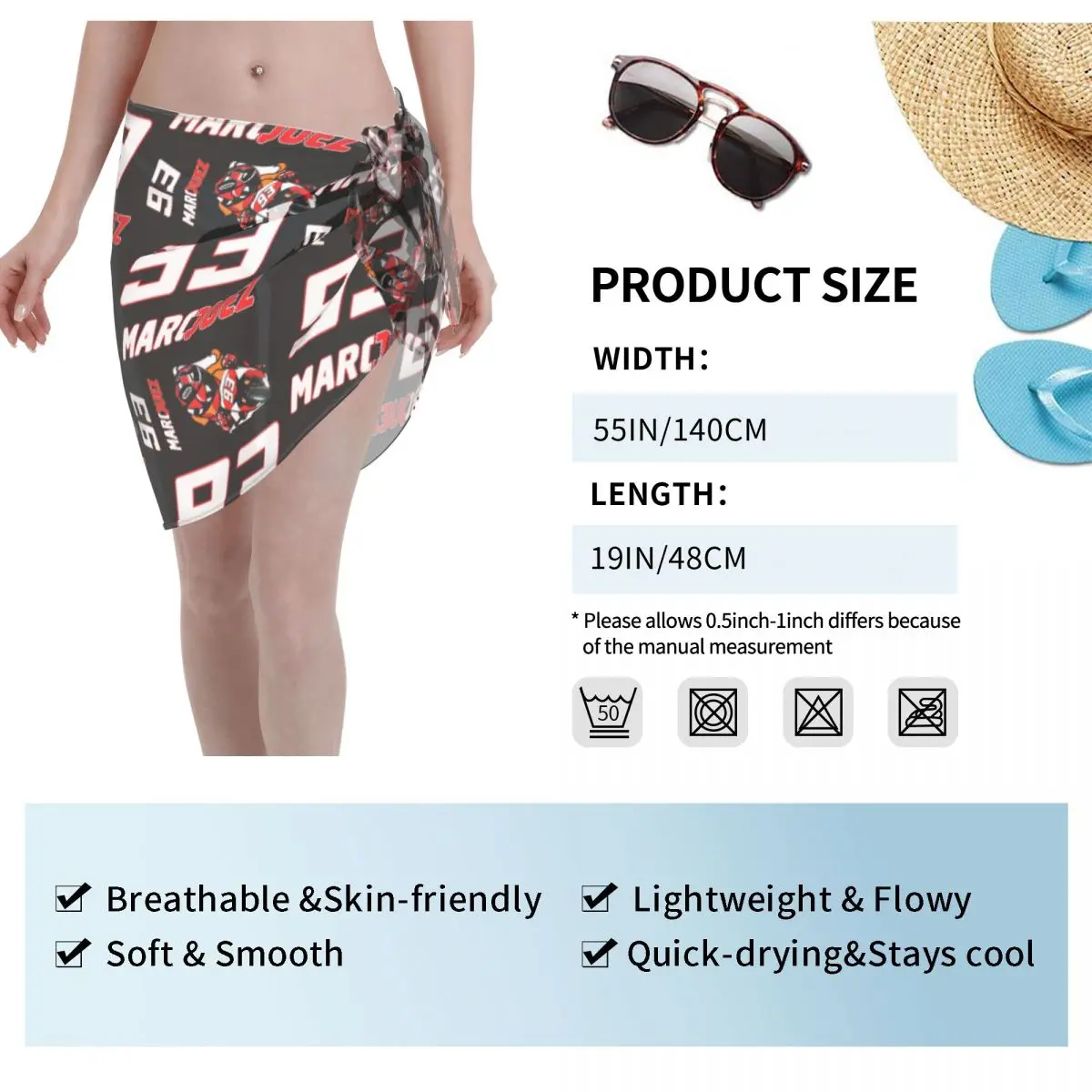 Custom M-Marcs Motor Short Sarongs Swimsuit Beach dress Cool Print Bikini Wrap Sheer Cover-up Sarong Beach Wrap