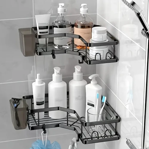 Imagen 2 del producto Estante triangular de doble capa de acero inoxidable sin perforación para baño, balcón, cocina, almacenamiento en esquina, ahorro de espacio, diseño duradero