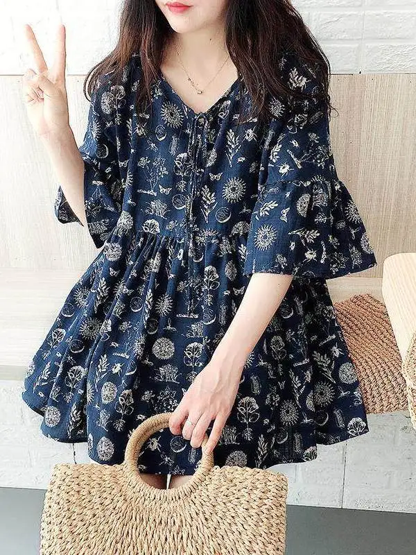 

plus Size Women's Summer Shirt Floral Print Puffy Sleeve round Neck Loose Fit Korean Style Commute Fashion Big Size Top