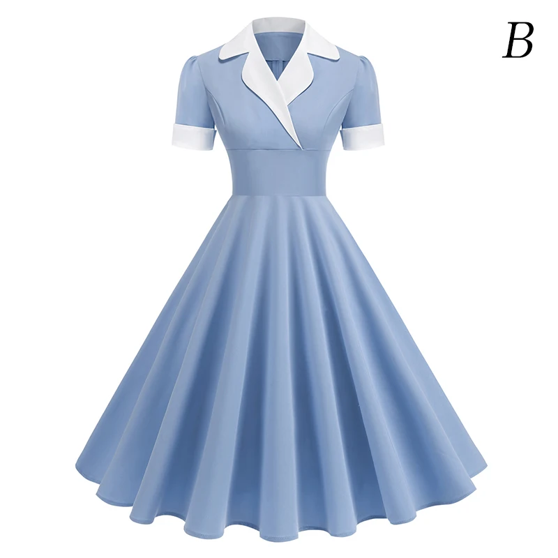

Vintage 50s 60s Dress Women Elegant Retro Party Rockabilly Pinup Swing Dress Lady Temperament Bow Knot Shirt Collar Dress