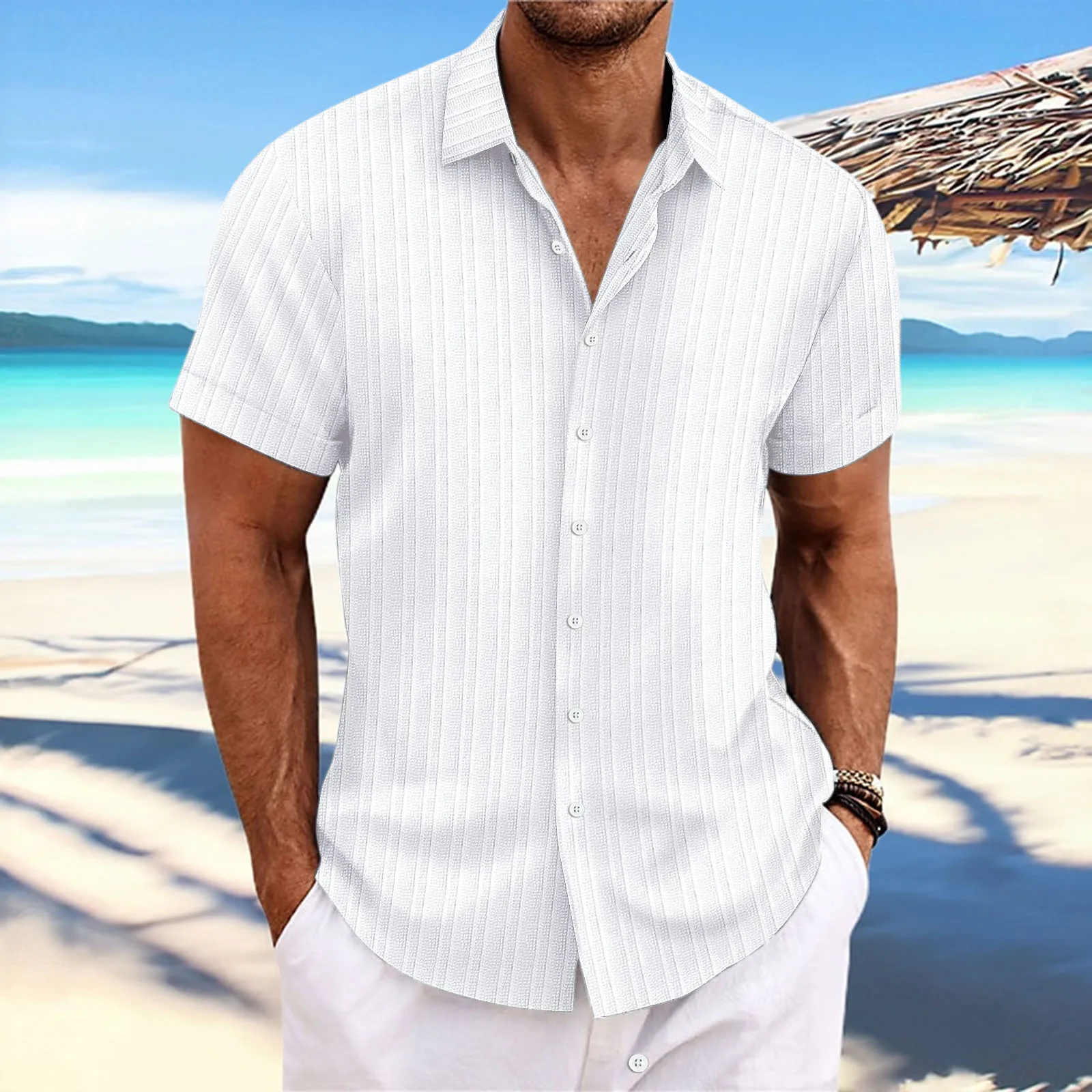 

Men's short sleeved shirt Cotton and linen cloth Striped jacquard Casual loose clothes Solid color Hot sale Men's wear