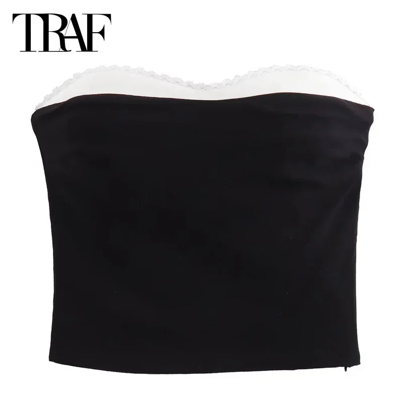 TRAF Tanks & Camis Women Top Crop Corset Off Shoulder Tops Women's Tank Sleeveless Black Top Summer Women's Lace Resort Tube Top