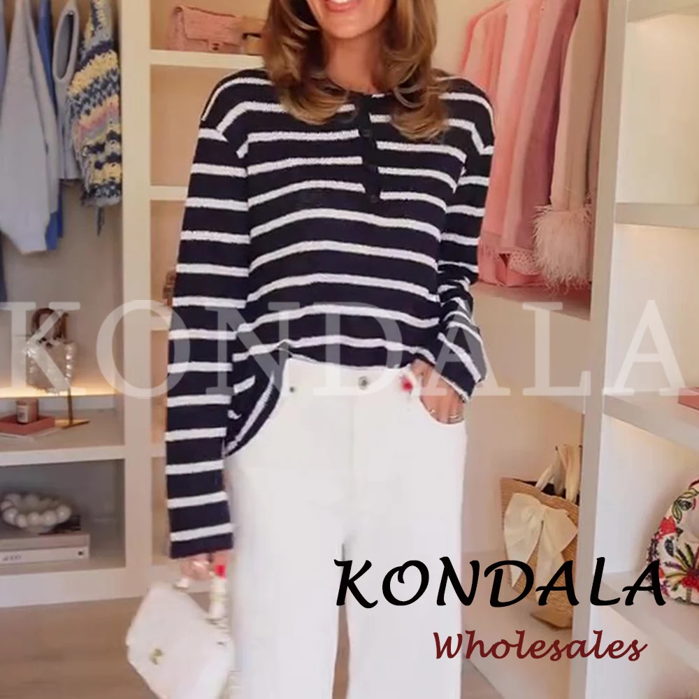 KONDALA Chic Striped Autumn Fashion 2026 Woman Knitwear Buttons Office Lady Elegant Shirts Modern Loose Female Streetwear Tops