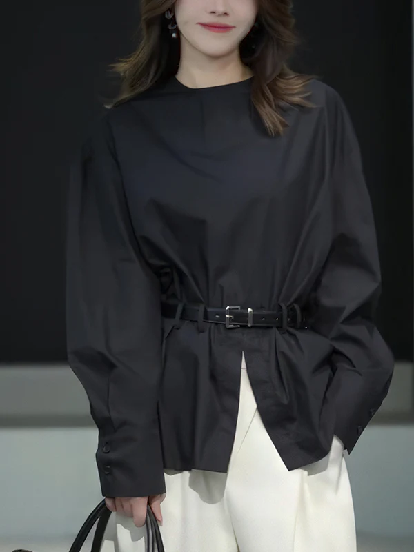 

Loose Long Sleeve round Neck Shirt Women's Fashionable Korean Style Black Casual Shirt Spring Autumn High Waist Split Design