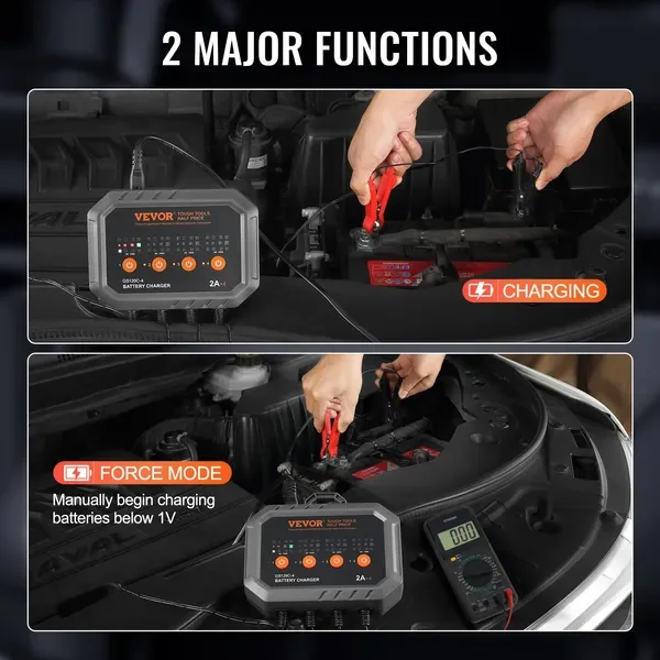 شاحن بطارية ذكي VEVOR، 8 أمبير، LiFePO4 شاحن بطارية السيارة بحمض الرصاص (AGM / Gel / SLA)، صيانة شاحن أوتوماتيكي بالكامل