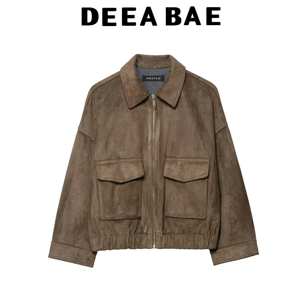 

DEEABAE 2025 Autumn New Product: Collar Long Sleeve Metal Zipper Suede Texture Effect Jacket Pocket Coat