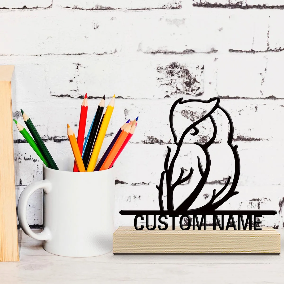 1pc Interesting Metal Desktop Decoration Custom Content With Wooden Base Desk Ornaments for Study Rooms,Bedrooms,and Offices