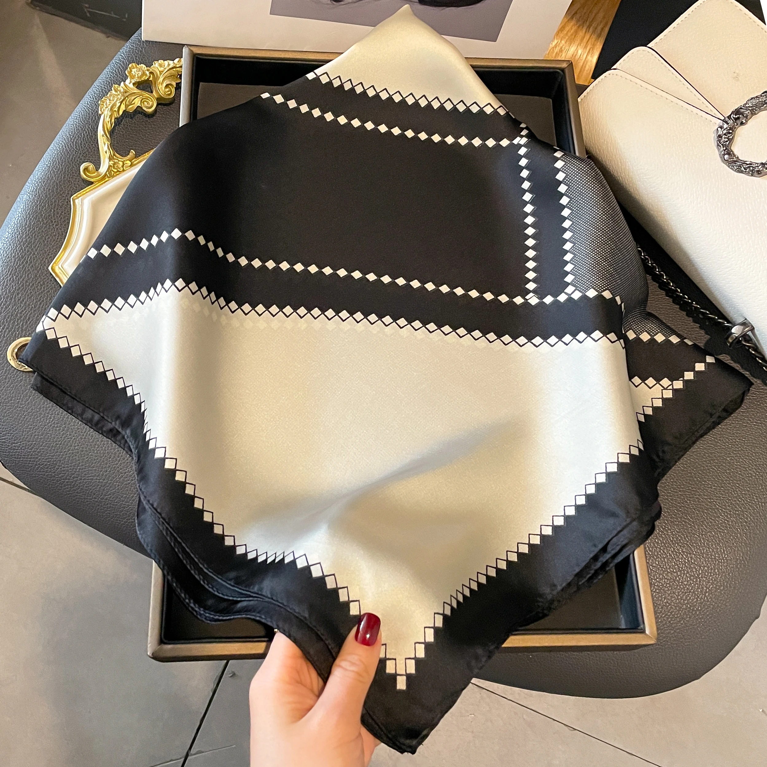 70×70cm Black & White Square Scarf, Ladies Silky Satin Bandana, Geometric Floral Neck & Handbag Accessory