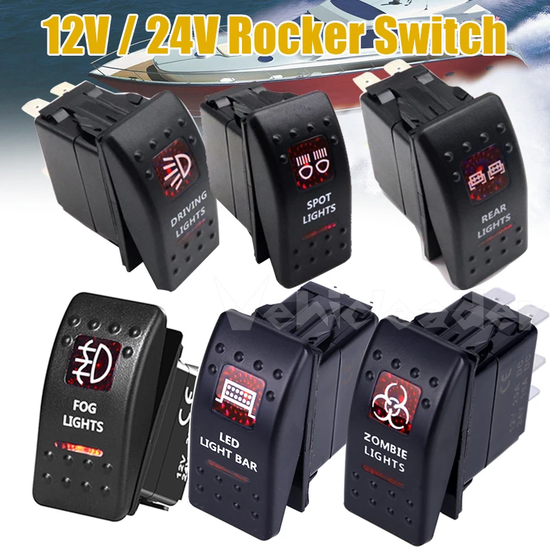 

Red Led Zonbie Lights Rocker Switch SPST 5P ON OFF 12v/24v For Car Marine Boat IP66 NARVA Carling ARB Style Auto Parts