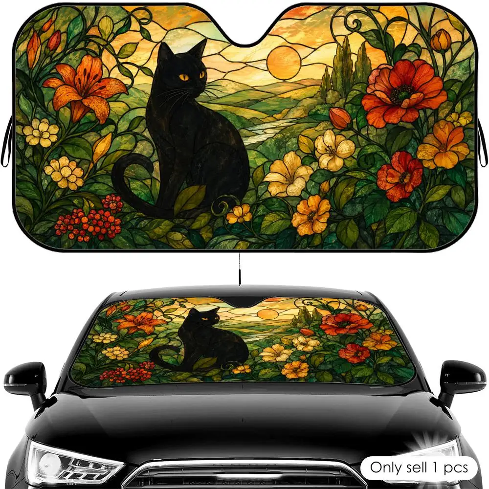 

Floral Feline Sunset Sun Visor Car Front Windshield Shade UV Block Heat Shield Foldable Universal Fit Cover