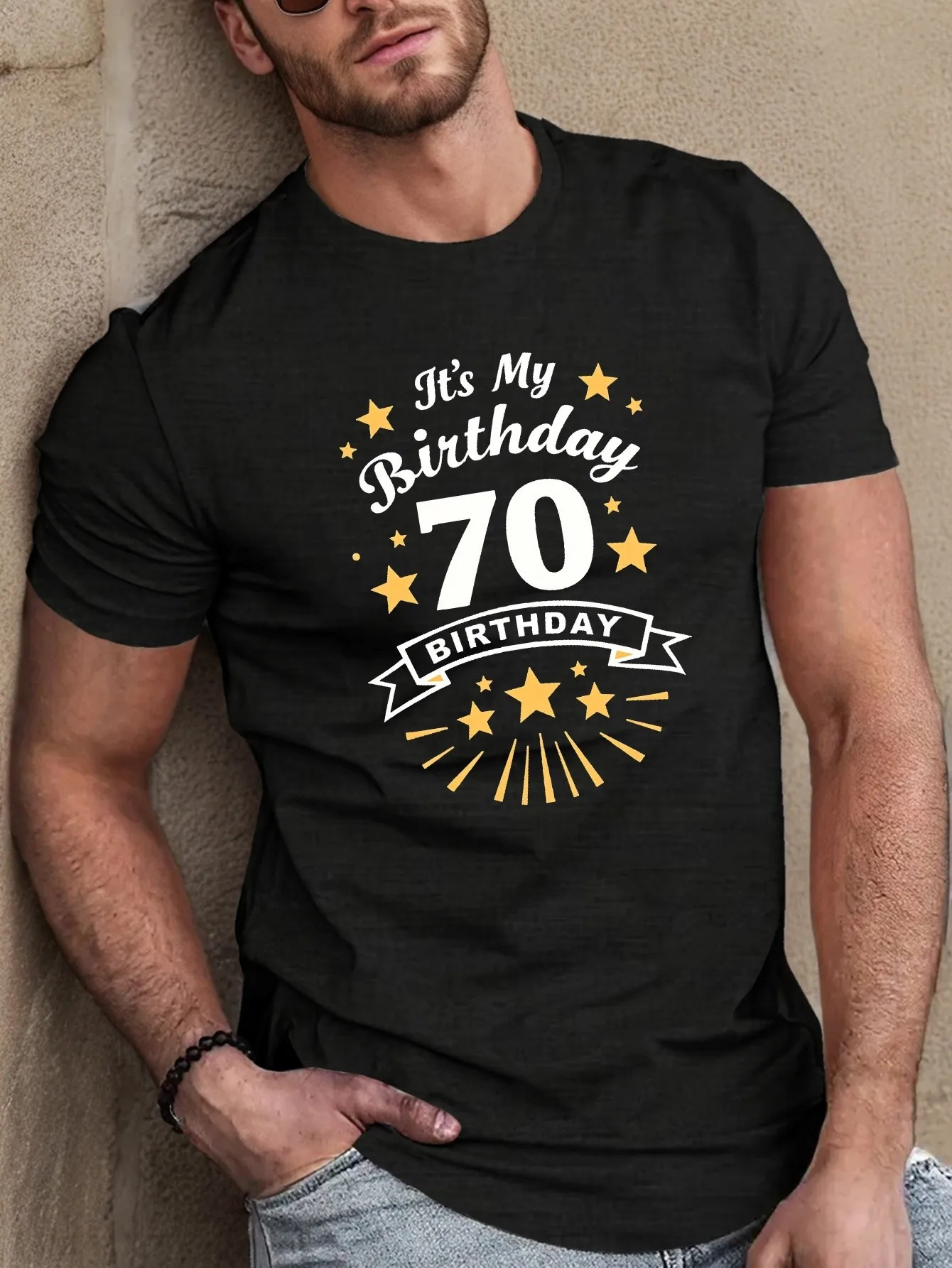 

Men's Funny Birthday T-Shirt I'M Turning 70 with Gold Stars and Tassels Black T-Shirt Casual Party Wear Birthday Celebration Gift for Him Everyday Funny T-Shirt Birthday T-Shirt Humorous Clothing Joke Design Comfortable Fit Emphasizes Clothing Humor Enthu